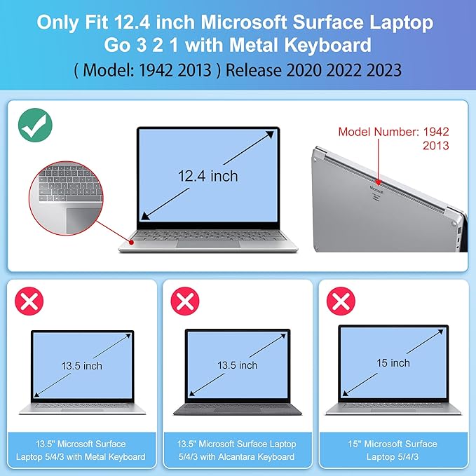 May Chen Compatible with Microsoft Surface Laptop Go 3 Go 2 Go 1 12.4 Inch Model 1943 2013 (2023 2022 2020 Release), Plastic Hard Shell Case with Screen Protector + Keyboard Cover, Matte Black