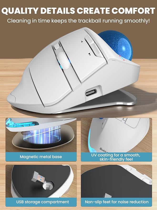 MAM1 Pro Wireless Trackball Mouse, Ergonomic Bluetooth Rechargeable Computer Mouse, Backlit Rollerball Thumb mice with 5 Level DPI, Adjustable Angle, 3 Devices Connection for PC, Windows - White Mouse
