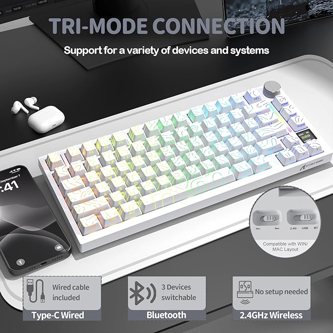 ATTACK SHARK X820 Ultra 75% Wireless Gaming Mechanical Keyboard Hot-Swappable Gasket Mount RGB Backlit BT/2.4G/Wired Custom Keyboard with Smart TFT Display&Knob QMK Driver-White Contour&Shark Switch