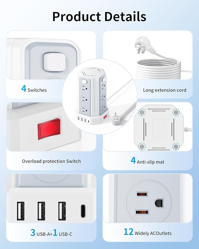 Power Strip Surge Protector, 10 Ft Extension Cord with 12 AC Multiple Outlets 4 USB (1 USB C), SMALLRT Power Tower Desktop Charging Station