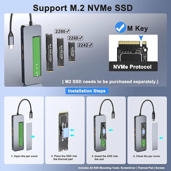 USB C Docking Station with M.2 NVMe SSD Enclosure 10Gbps, 9 in 1 USB-C Hub, Type C SSD Slot with 4K@60Hz HDMI, USB 3.2 Gen2, PD100W, SD/TF Card Reader, Laptop Docking Station for Dell/HP/Lenovo/Mac