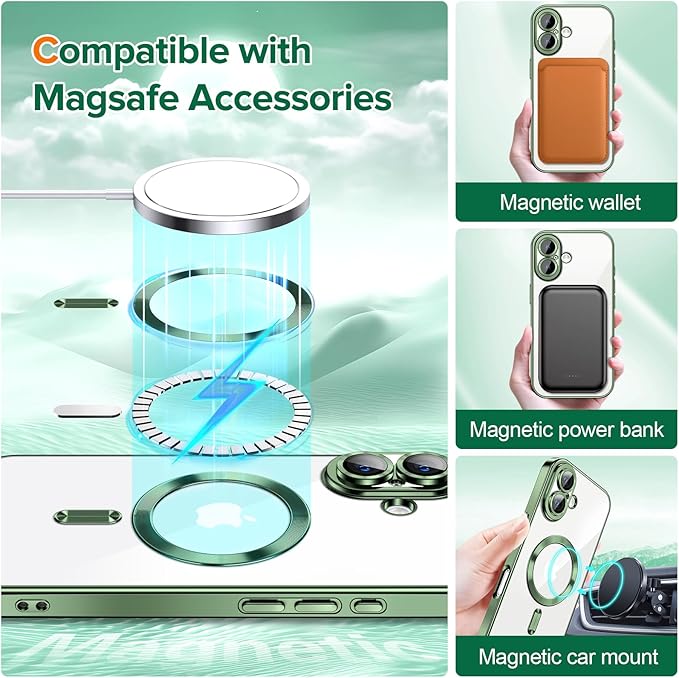 Hython Magnetic Clear for iPhone 17 Case with Camera Lens Protector [Compatible with MagSafe] Luxury Plating Edge Slim Soft TPU Cover Protective Phone Case for iPhone 17 6.3", Deep Green