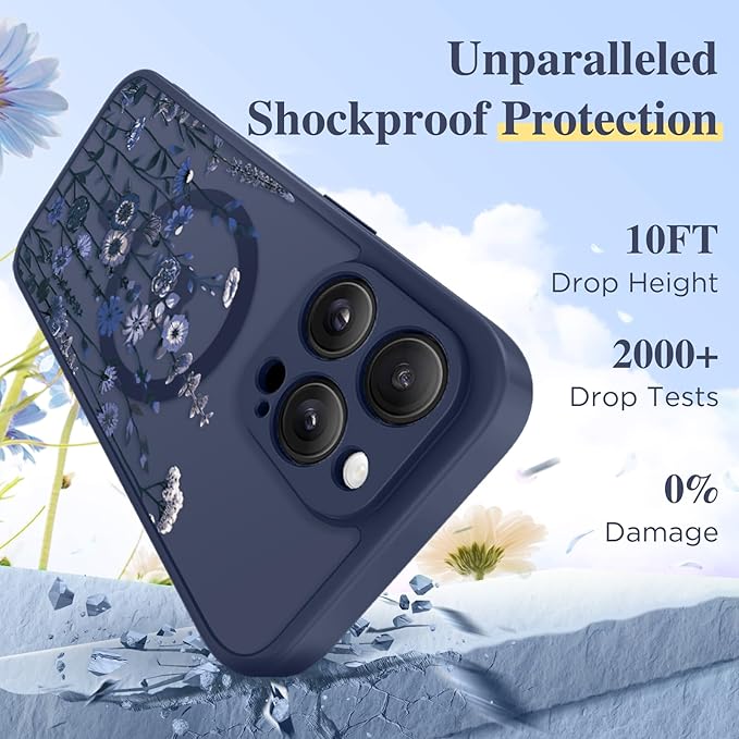 GVIEWIN for iPhone 16 Pro Max Case Compatible with MagSafe, [Military Grade Protection] [Screen Protector] Full Camera Protection Floral Translucent Women Magnetic Phone Case, Floratopia/Blue