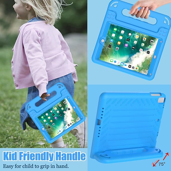AVAWO Kids Case for iPad 9.7 inch (2018/2017 Model) 6th/5th Generation, iPad Air 2 Cover with Built-in Screen Protector, Durable Lightweight Shockproof Handle Stand for Toddlers, Blue