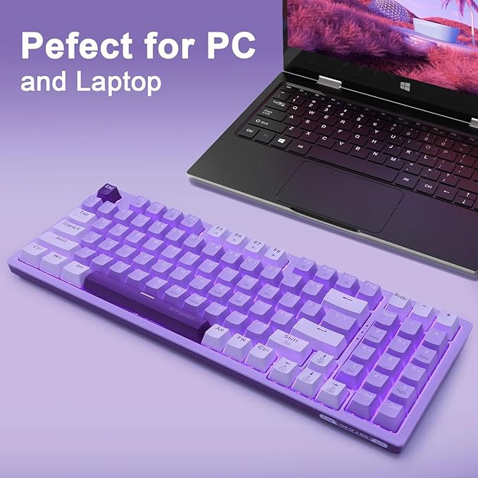 HUO JI Mechanical Gaming Keyboard USB Wired Compact with Number Pad, Purple Led Backlit, Red Switch, Detachable Type C Cable, 94 Keys for PC/Computer/Laptop, Purple and White