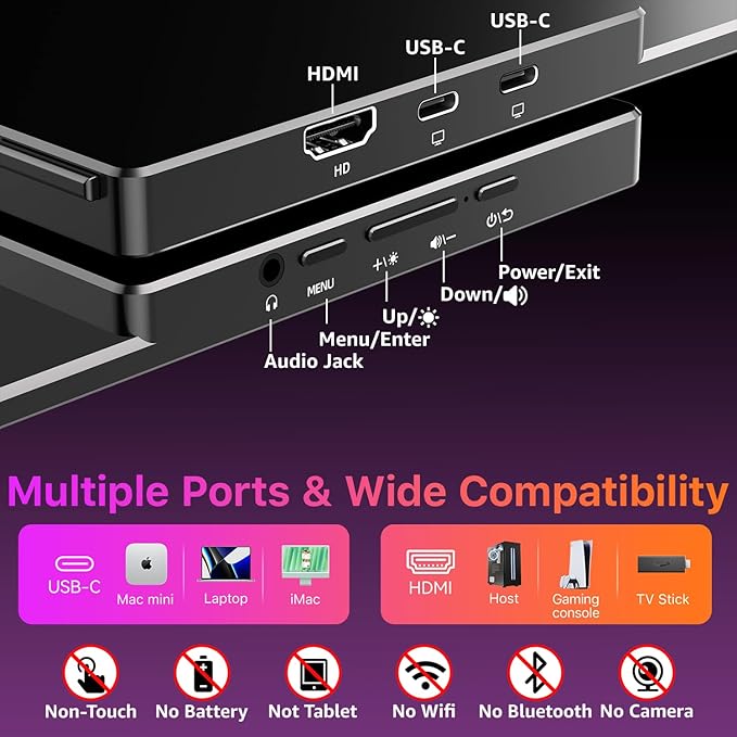kksmart Portable Monitor for Laptop MacBook Surface PC Xbox PS5, Travel Monitor Second Screen for Laptop, HDMI USB-C VESA Compatible Built-in Speaker, 18.5inch