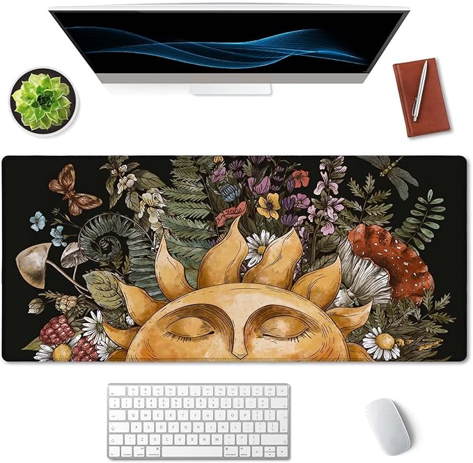 SSOIU Vintage Sun with Woodland Treasures, Amanita Mushroom, Fern, Forest Plants Sun Forest Woodland Nature Mushroom Wild Foraging Green Witch Desk Mat, Extended Mouse Pad, XXL Gaming Desk 35.5"x15.7"