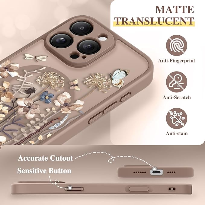 GVIEWIN for iPhone 16 Pro Case Compatible with MagSafe, [Military Grade Protection] [Screen Protector] Full Camera Protection Floral Translucent Women Magnetic Phone Case, Autumnflit/Brown