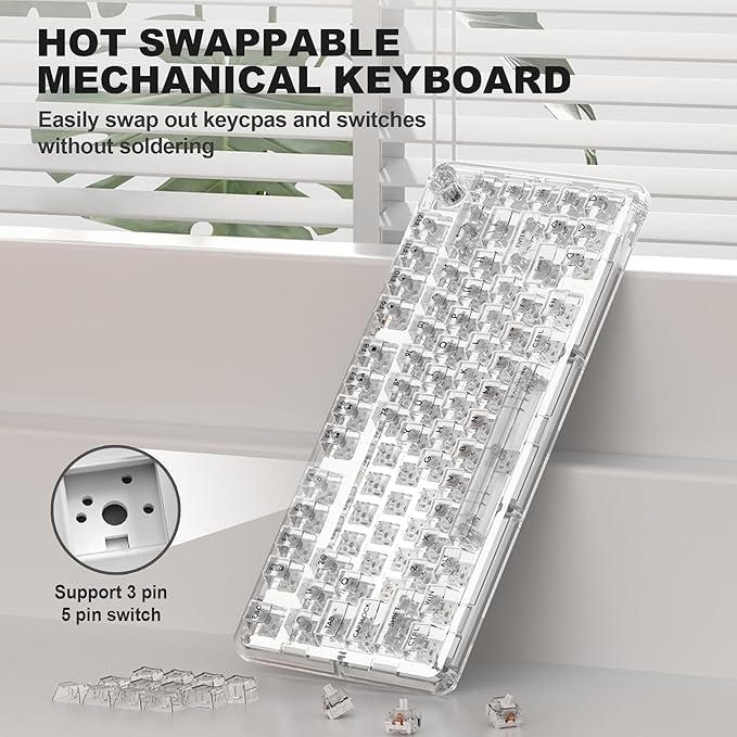 Transparent Mechanical Keyboard, RGB Backlit Wireless Creamy Gaming Keyboards, Hot Swap Customizable Clear Acrylic Design, 80-Key Quiet Linear Switches, 3 Modes BT5.0/2.4G/USB-C 4000mAh Battery, White