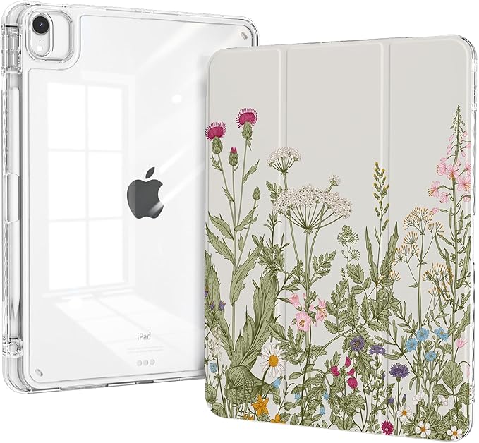 for ipad air 11 inch Case (M3 2025, M2 2024), ipad air 5th/4th Generation Case 10.9", ipad Pro 11 inch Clear Cover 4th/3th/2th/1st Gen, Trifold Stand with Pencil Holder, Wildflower