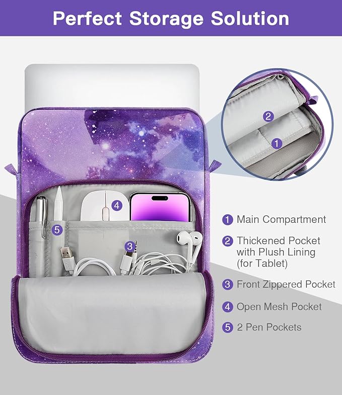 MoKo 15 Inch Laptop Sleeve Bag Fits New Mac Air 15" M5 2026, Mac Pro 14" M5/M5 Pro/M5 Max 2026, Galaxy Tab S9 Utra 14.6" 2023, Handle Carrying Case with Shoulder Strap, Purple Starry Sky