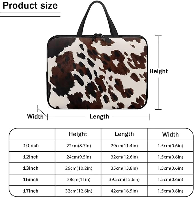 Cow Print Brown 13 Inch Laptop Sleeve, Laptop Cover Computer Bag Tablet Carrying Case with Handle, Waterproof Zipper Tote Bags Notebook Sleeves Handbag Messenger Briefcase