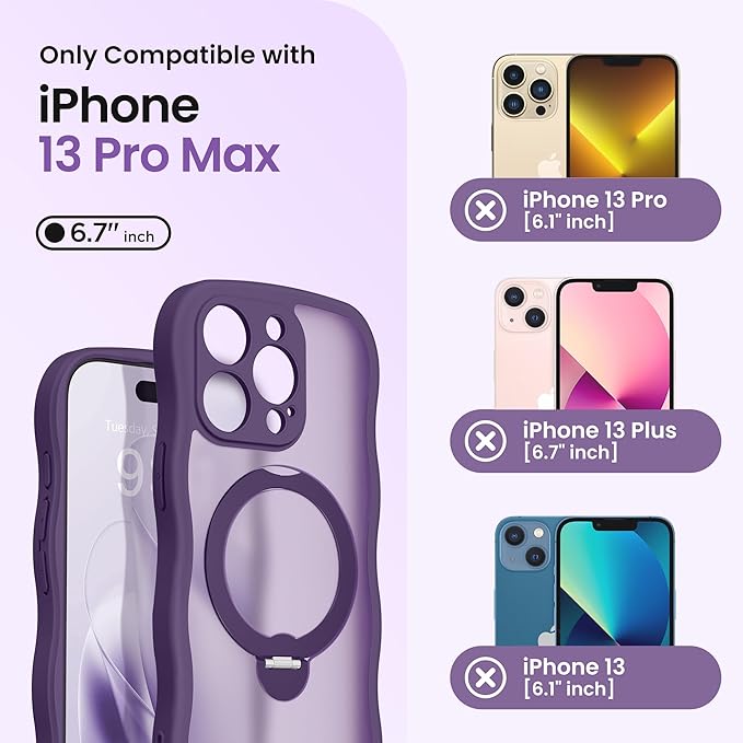 CAPRARO for iPhone 13 Pro Max Case with 360° Spin Magnetic Stand for Women, [Compatible with MagSafe] [Full Camera Protection] Cute Wave Translucent Matte Case for iPhone 13 Pro Max, Deep Purple