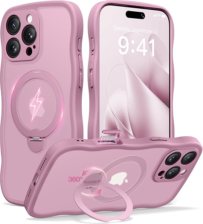 CAPRARO for iPhone 16 Pro Max Case with 360° Spin Magnetic Stand for Women, [Compatible with MagSafe] [Full Camera Protection] Cute Wave Translucent Matte Case for iPhone 16 Pro Max, Black Currant