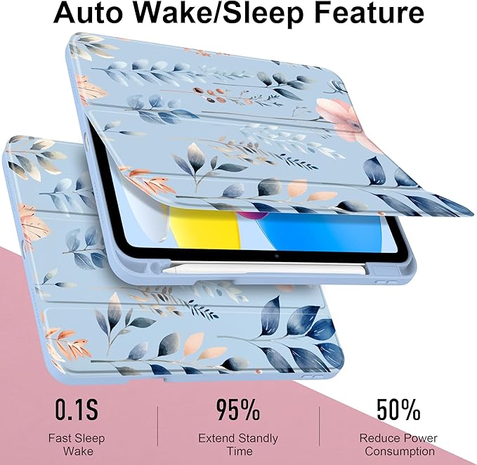 Case for iPad Air 11 inch M4 2026 M3 2025 M2 2024 Release with Pencil Holder Clear Back Shell Blue Lightweight Shockproof TPU Edge Trifold Stand Auto Wake Sleep Cute Cover, Hand-Drawn Leaves