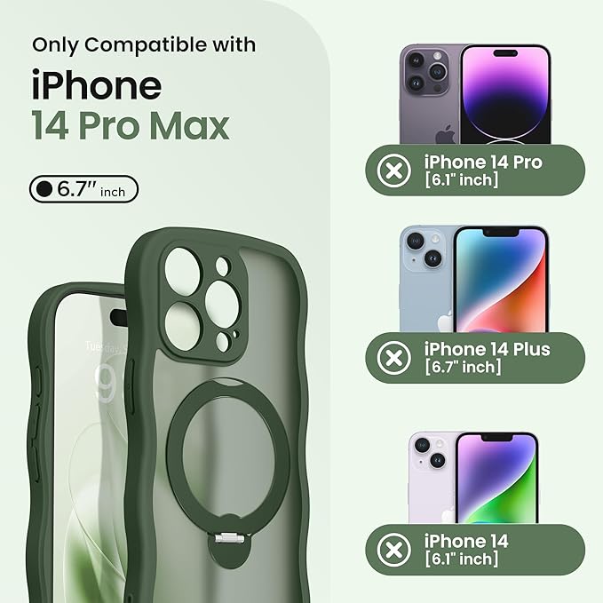 CAPRARO for iPhone 14 Pro Max Case with 360° Spin Magnetic Stand for Women, [Compatible with MagSafe] [Full Camera Protection] Cute Wave Translucent Matte Case for iPhone 14 Pro Max, Dark Green