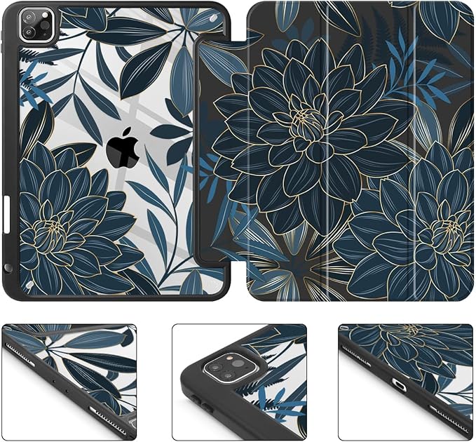 Tuiklol for iPad Pro 11 Inch 4th / 3rd / 2nd / 1st Gen (2022 2021 2020 2018) Case -Built-in Pencil Holder Shockproof Cover Clear Transparent Back Shell with Auto Wake/Sleep, Black Flower