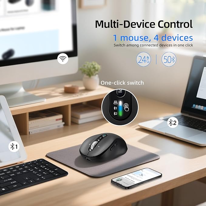 Wireless Bluetooth Mouse,Multi Device Ergo Computer Mouses,Metal 4-Way Super Scrolling,± 3200 DPI,10 Buttons,Plug&Play,Quiet,Rechargeable,USB Cordless Mice for Laptop,Tablet,Mac,iPad,PC,Phone (Grey)