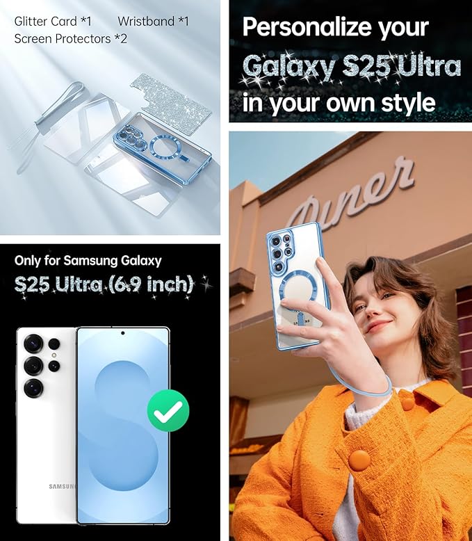 Meifigno Case Designed for Samsung Galaxy S25 Ultra 6.9 inch, [Compatible with MagSafe] [2X HD Screen Protectors] [Glitter Card & Wrist Strap] Full Lens Protection Case for Galaxy S25 Ultra, SkyBlue