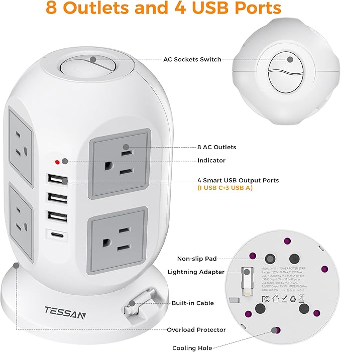 Tower Surge Protector Power Strip 10 ft, Long Flat Extension Cord with Multiple Outlets, 8 AC Outlets with 4 USB Ports, 1 Built-in USB Cable, Charging Station with Surge Protection, for Home Office
