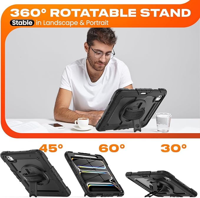 SEYMAC stock Case for iPad Pro 11-inch M5-M4 2025-2024, Shockproof Heavy Duty Case with Screen Protector, Pencil Holder, Rotating Stand, Hand Strap, Shoulder Strap, Black