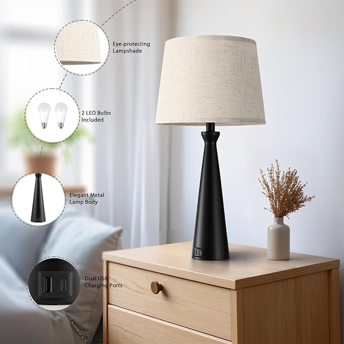Seealle Modern Table Lamps Set of 2 - Touch Bedside Lamp for Nightstand with Dual USB C+A,3-Way Dimmable Nightstand Lamps for Living Room Bedroom End Table with Beige Shade(Bulb Included)