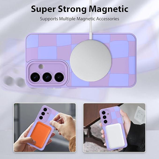 KANGHAR Compatible with Samsung Galaxy S25 Case, Support for MagSafe, Silicone Checkered Cute Pattern, Wristband Kickstand Camera Protection Soft Slim Cover for Girls Women -Purple