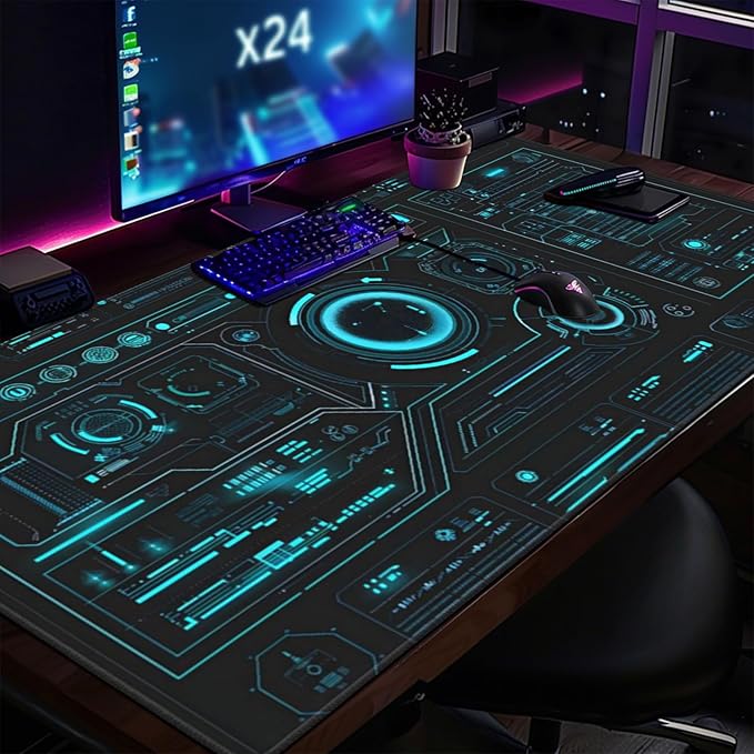 Large Extended Gaming Mouse Pad, (48" x 24") Big Desk Matt for Desktop, Waterproof Computer Keyboard Mat for Esports Pros/Gamer/Desktop/Office/Home-Cyberpunk Black and Blue