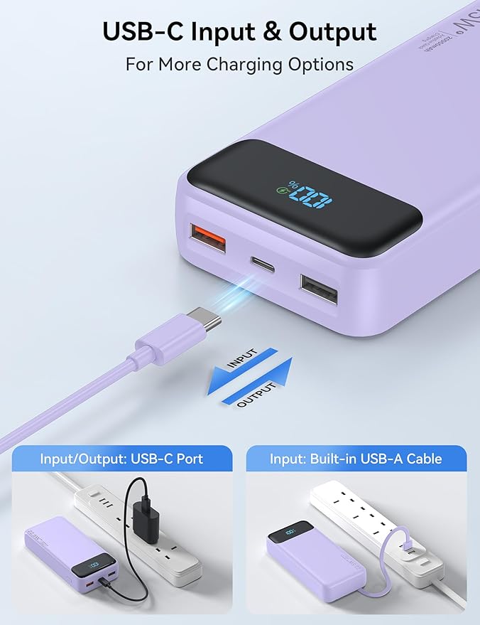 Portable Charger, 20000mAh 22.5W Fast Charging Power Bank with 4 Built-in Cables, Travel Essentials External Battery Pack with LED Display, 6 Outputs Charging Bank for iPhone, iPad, Samsung etc Purple