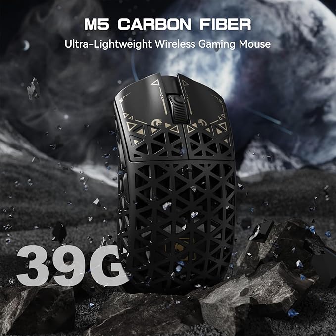 MAMBASNAKE M5 Ultra Carbon Fiber 8KHz Wireless Gaming Mouse,PAW3950MAX Sensor 42K DPI,39g Lightweight Tri-Mode 2.4GHz/BT/Wired Computer Mice,Web Driver Support,for Win/Mac/FPS/MOBA/Esports-Black (A)