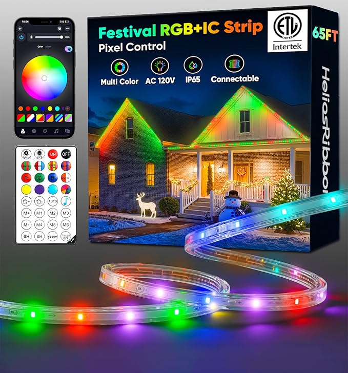 65FT Outdoor LED Strip Lights RGB+IC with Warm&Cool White, ETL Listed Music Sync Light Strip AC 120V, IP65 Waterproof and Connectable, for Party Festival Eave Porch Patio Every Day Decor
