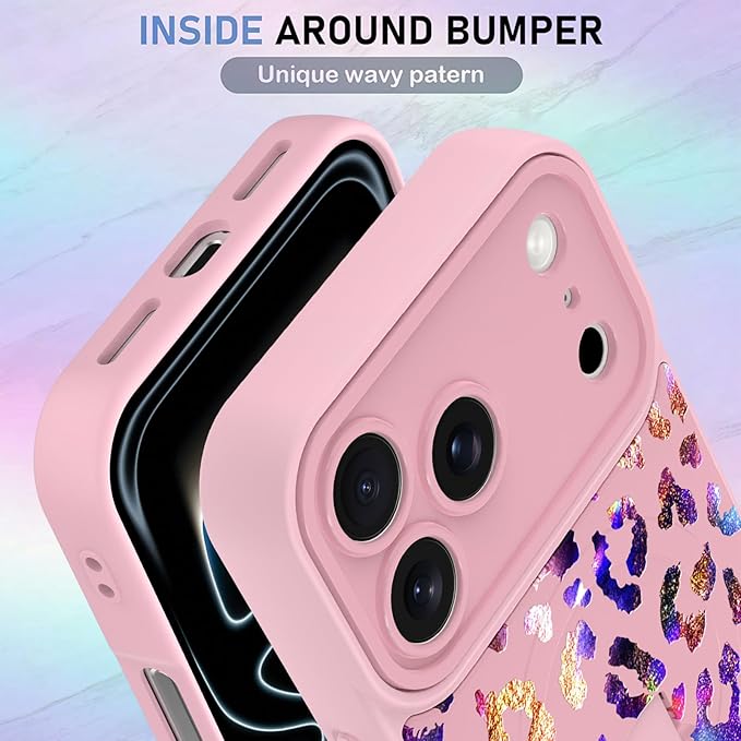 KANGHAR Compatible with iPhone 17 Pro Max Case, Support for MagSafe, Silicone Cute Iridescent Leopard Cheetah Pattern, Wristband Kickstand Shockproof Protective Slim Cover for Women Girls, Pink