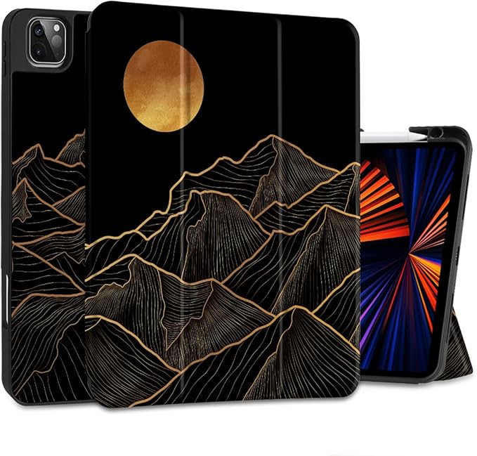 DONGKE Case for iPad Pro 12.9 inch 6th Generation 2022, Built-in Pencil Holder + Trifold Stand + Auto Wake/Sleep + Protective Cover for iPad Pro 12.9 5th/4th/3rd Gen - Golden Mountain
