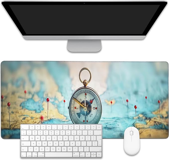 Mouse Pad,Compass on World Map Desk Mat for Desktop,Desk Pad with Non-Slip Base and Stitched Edge,Extended Mousepad for Office and Home 35.4X15.7 Inch