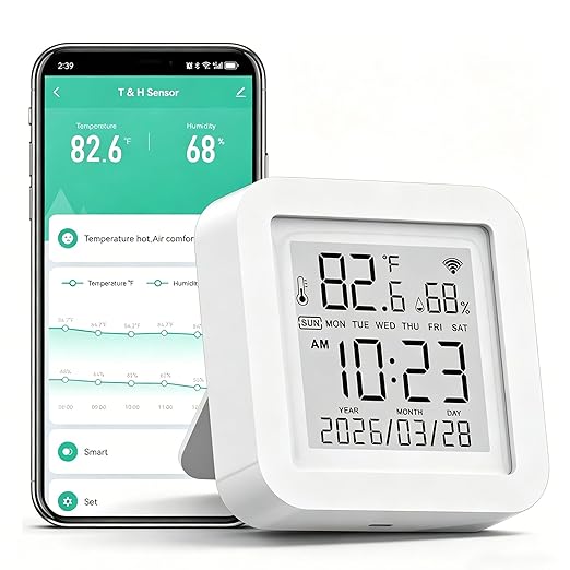 Smart WiFi Temperature Humidity Monitor: TUYA Wireless Temperature Humidity Sensor with APP Notification Alerts, WiFi Thermometer Hygrometer for Home Pet Garage,Compatible with Alexa