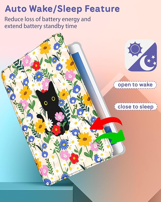 Uppuppy for iPad 5th/6th Generation Case for iPad Air 1st/Air 2nd/Pro 9.7 inch 2016 Case - 360 Rotating Stand Folio Smart Cover with Pencil Holder for Women Girls, Cat and Flowers for Apple Tablet