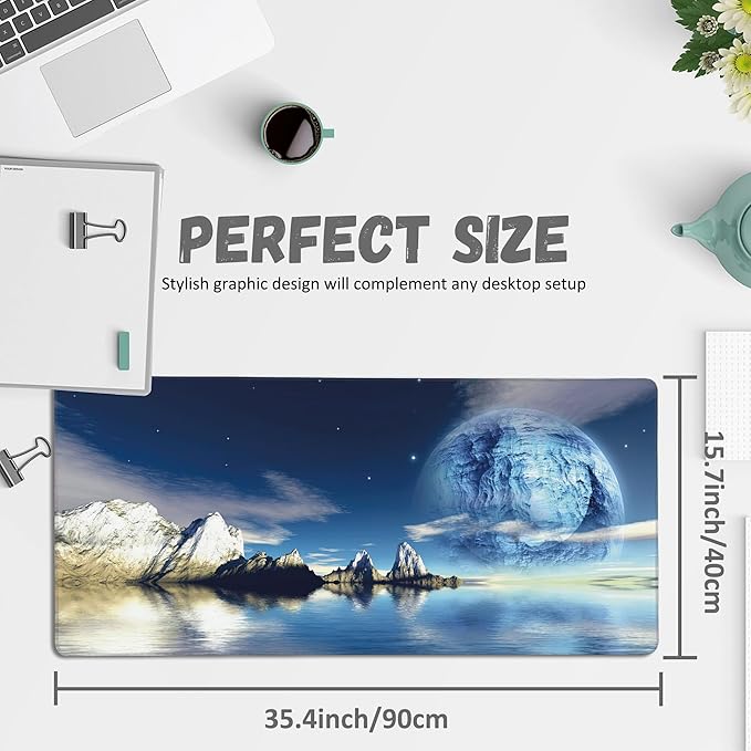 Extended Gaming Mouse Pad SciFi Space Moon Large Mousepad with Stitched Edges,Anti-Slip Rubber Base Keyboard Mouse Mat Desk Pad for Gaming Home Office 35.4 x 15.7 inches