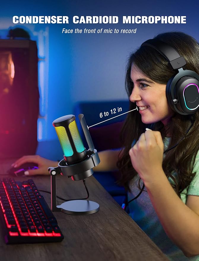 FIFINE Gaming Microphone, USB PC Mic for Streaming, Podcasts, Recording, Condenser Computer Desktop Mic on Mac, with RGB Control, Mute Touch, Headphone Jack, Pop Filter, Stand-AmpliGame A8