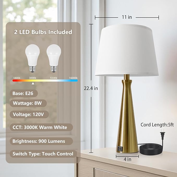 Seealle Modern Table Lamps Set of 2 - Touch Bedside Lamps for Nightstand with Dual USB C+A,3-Way Dimmable Gold Nightstand Lamps for Living Room Bedroom (Bulb Included)
