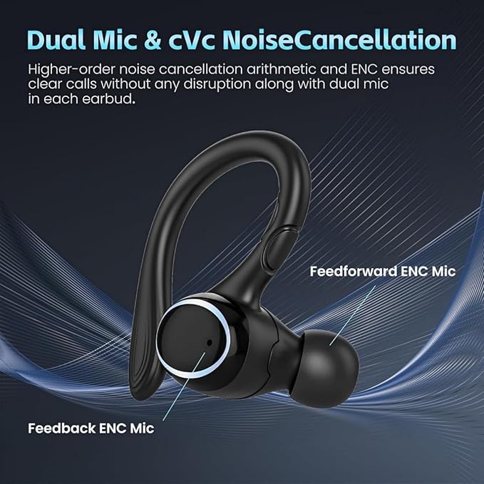 Wireless Earbuds Bluetooth 5.3 Headphones Stereo Ear Buds, ENC Noise Cancelling Mic,IPX7 Waterproof Earphones with Hook for Android iOS Smart Phone Laptop Computer Sports - Black