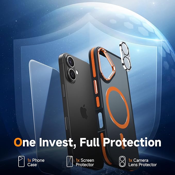 DOMAVER Magnetic 3 in 1 for iPhone 16 Case, [Omni-Directional Protection] with 1x Screen Protector + 1x Camera Cover, [Seamless Work with Magsafe] Protective Silm Case for iPhone 16 Cosmic Orange