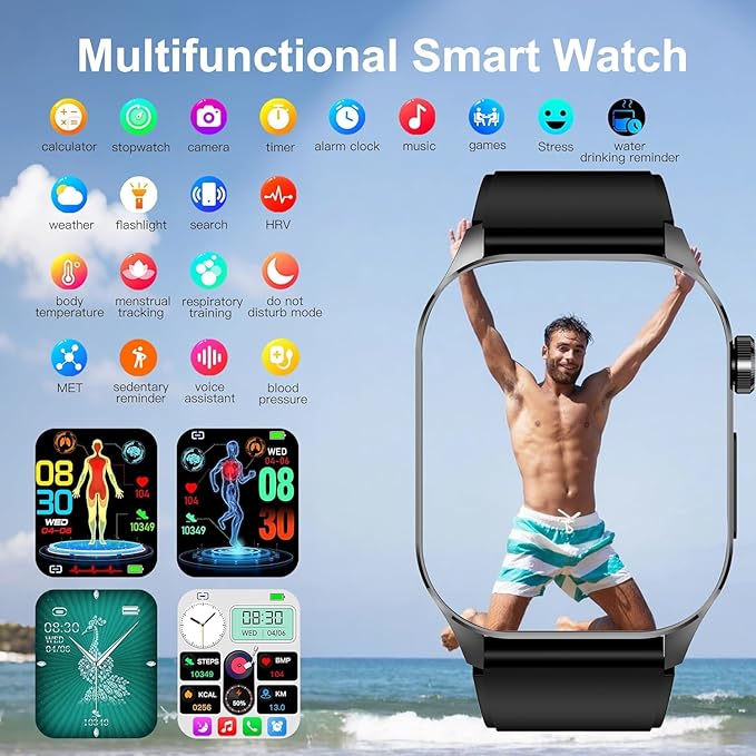 Advanced Health Smartwatch for Women Men with Real-Time Monitoring of Heart Rate, Blood Oxygen, Body Temperature, Blood Pressure, Sleep Auality and Stress Levels (Brown)
