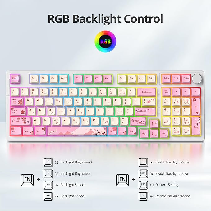 Wired Creamy Gaming Keyboard with Number Pad, 96% Hot-swappable Mechanical Keyboard, Full Layout Custom Key Board Gasket Mounted with Red Switch Knob Control(Pink)