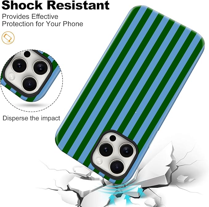Magnetic for iPhone 14 Pro Max Case Cute Stripes Phone Case, Shockproof Slim TPU and Hard PC Protective Phone Cover Compatible with MagSafe Designed for Women Girls, Green and Blue