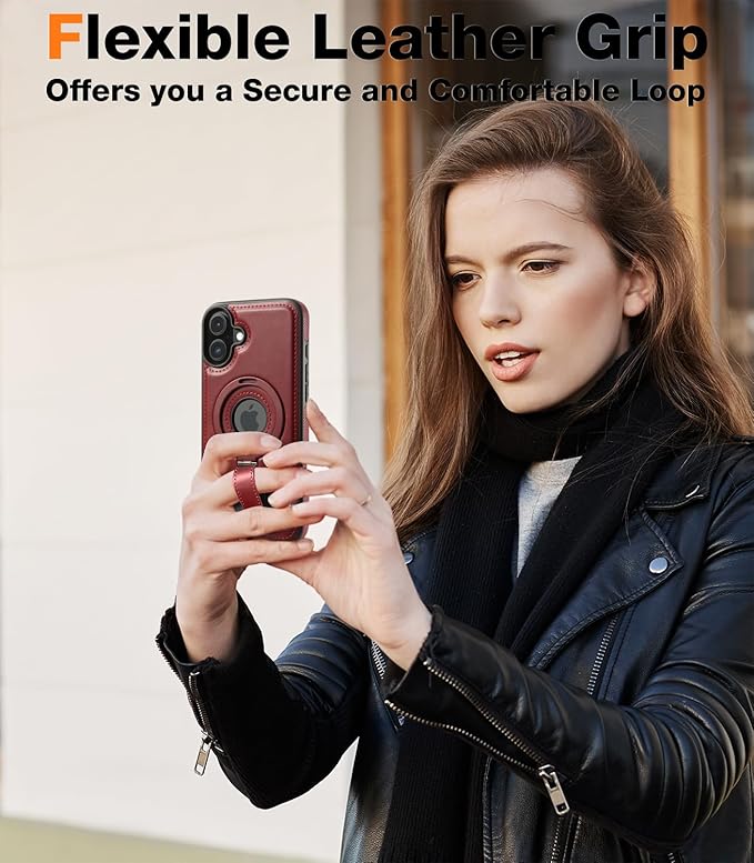 Butaiga for iPhone 16 Plus Leather Case with Stand, Anti-Slip Grip Ring, Fits for MagSafe (Burgundy, iPhone 16 Plus)