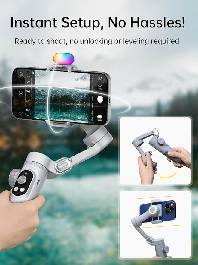 AOCHUAN iPhone Gimbal, 3-Axis Gimbal Stabilizer for Smartphone w/RGB Magnetic Fill Light Portable with Fous/Zoom Wheel for Vlog, Compatible with iPhone 15 Pro Max/Android-Smart X Pro Kit Gray