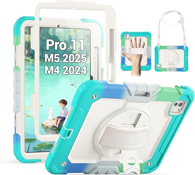 SEYMAC for iPad Pro 11 Inch Case M5 2025 / M4 2024, Heavy Duty Shockproof Protective Case with Screen Protector, 360° Rotating Stand, Hand/Shoulder Strap and Pen Holder, Colorful Blue