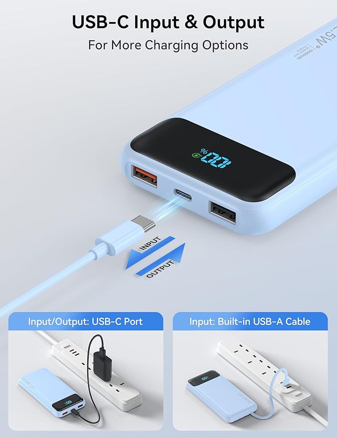 Portable Charger, 10000mAh 22.5W Fast Charging Power Bank with 4 Built-in Cables, Travel Essentials Battery Pack with LED Display, 6 Outputs Charging Bank Compatible with iPhone, iPad, Samsung Blue