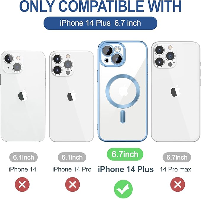 Hython Magnetic Clear for iPhone 14 Plus Case with Camera Lens Protector [Compatible with MagSafe] Luxury Plating Edge Slim Soft TPU Cover Protective Phone Case for iPhone 14 Plus, Matte Light Blue