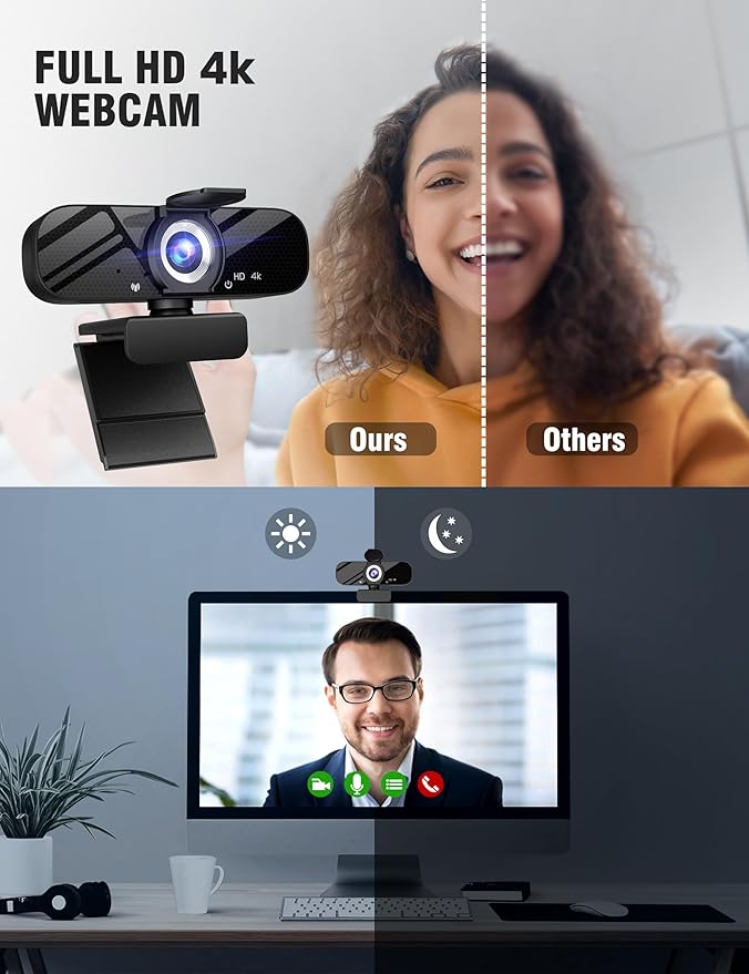 Tewiky Full HD Webcam with Built-in Microphone and Rotatable Tripod, 4K Video and Wide Angle Camera, Privacy Cover, for Desktop PC or Laptop Computer